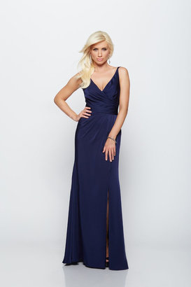 Milano Formals - Deep V-neck Ruched Bodice Fit and Flare Long Dress with Side Thigh-High Slit E2125