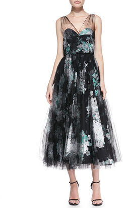 Milly Sleeveless Floral Overlay Cocktail Dress