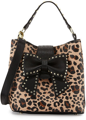 Betsey Johnson Stud-Bow Leopard-Print Shoulder Bag, Black/Tan