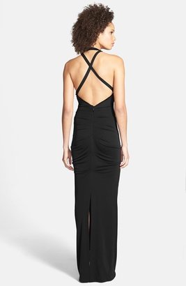 Nicole Miller Ruched Cross Back Jersey Gown