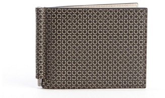 Ferragamo black leather gancio pattern printed money clip bi-fold wallet