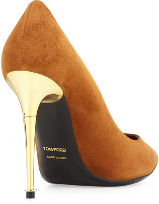 Tom Ford Suede Golden-Heel Pointed Pump, Tan