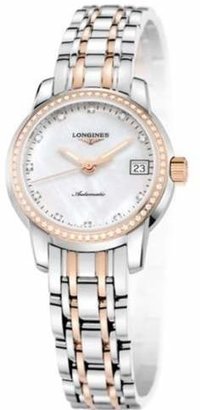 Longines Saint-lmier Collection in Steel and 18k Mother of Pearl Dial Diamond Markers and Diamond Bezel Women's Watch