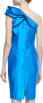 Carmen Marc Valvo One-Shoulder Ruffle Detail Cocktail Dress, Turquoise