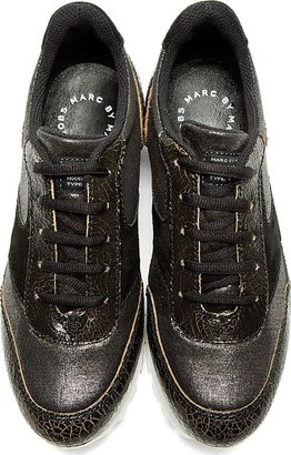 Marc by Marc Jacobs Black Distressed Leather & Metallic Neoprene Cute Kicks Running Shoes