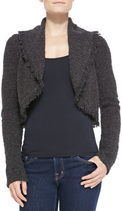 Fuzzi Cropped Open-Front Cardigan with Fringe Trim, Gray