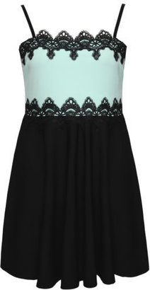 Yours Clothing Plus Size Womens Black & Mint Colour Block Skater Dress With Lace Trim