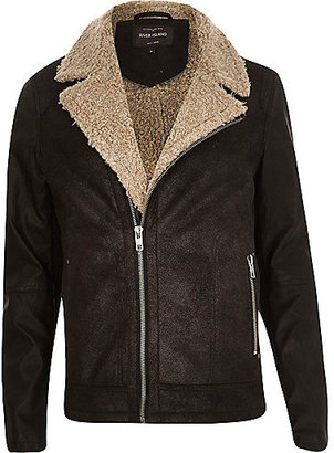 River Island MensBlack leather-look shearling biker jacket