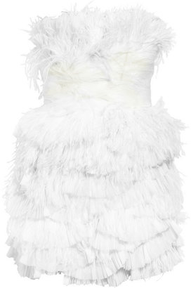 Marchesa Strapless silk-organza and feather dress
