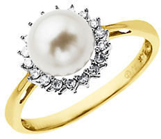 Lord & Taylor Gold Diamond & Freshwater Pearl Ring in 14 Kt. Gold, 7mm