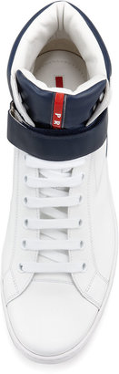 Prada Avenue Bicolor Leather High-Top Sneaker, White/Blue