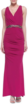 Nicole Miller Sleeveless Ruched Hip Gown with Belt, Pink Berry