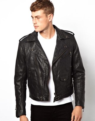 ASOS Leather Jacket With Stud & Print Detail