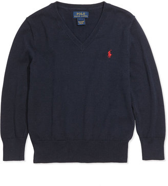 Ralph Lauren Childrenswear Suede-Patch Cotton Sweater, Hunter Navy, Sizes 4-7