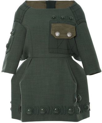 Marc Jacobs Green Hopsack Boatneck Dress With Pave Button Details