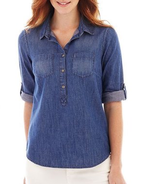 Liz Claiborne Elbow-Sleeve Denim Popover Shirt