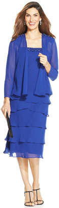SL Fashions Bead-Trim Tiered Dress and Jacket