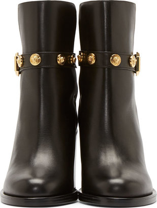 Versace Black Leather Logo Studded Ankle Boots