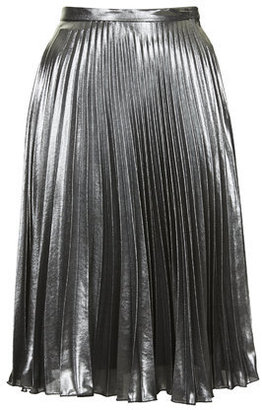 Topshop Womens Metallic Pleated Midi Skirt - Silver