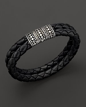 John Hardy Men's Dot Silver Black Woven Leather Bracelet