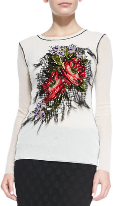 Jean Paul Gaultier Long-Sleeve Floral-Embroidered Top, White