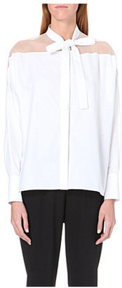 Valentino Sheer-detail pussybow cotton shirt