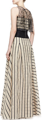 Carolina Herrera Striped Gown with Sleeveless Illusion, Black/Beige