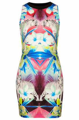 Topshop Channel a look straight out of the tropics in this bright tiger print bodycon dress. a figure-flattering style detailed with a contrast black neckline. style with sliders