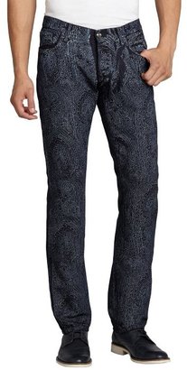 Etro navy paisley print cotton-linen button fly skinny jeans