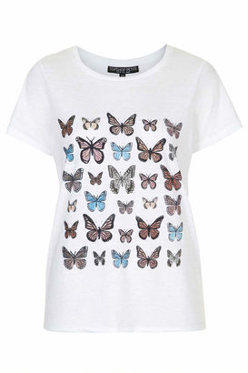 Topshop White tee with printed butterflies on the front. 49% polyester,40% cotton,11% viscose. machine washable.