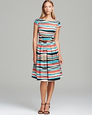 Anne Klein Dress - Cap Sleeve Texture Stripe Belted Fit and Flare