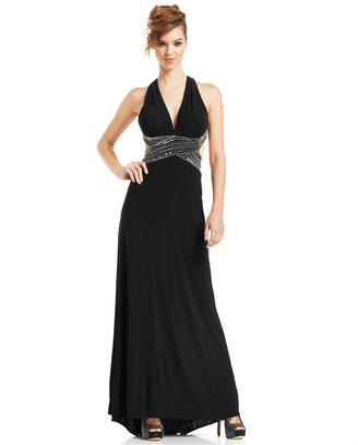 Betsy & Adam Embellished Side-Cutout Halter Gown