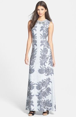 BCBGMAXAZRIA 'Chloey' Embellished Print Crepe A-Line Gown