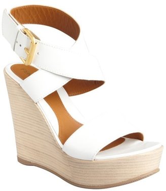 Fendi white leather crisscross ankle strap stacked wedge sandals