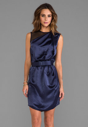 Halston Asymmetrical Neck Belted Drape Dress with Contrast Mesh