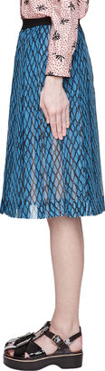 Marni Blue Silk Lattice-Print Pleated Skirt