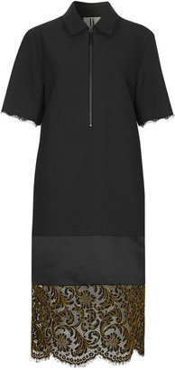 Topshop made in britain. 64% polyester, 27% viscose, 5% cotton, 4% elastane. dry clean only. Collared shirt dress with zip front placket. features contrast floral lace hem and lace trims to the collar.