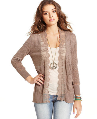 American Rag Juniors Sweater, Long Sleeve Lace Pointelle-Knit Cardigan