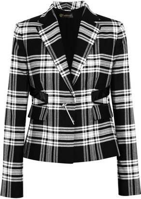 Versace Patent leather-trimmed plaid wool-twill blazer