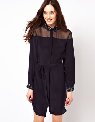French Connection Silk Shirt Dress With Embellished Collar