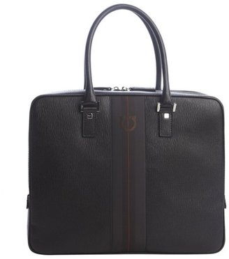 Ferragamo dark brown leather logo imprinted top handle travel bag