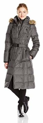 Kensie Women's Long Maxi Down Coat with Faux Fur Trim Hood