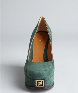 Fendi Forest Green Suede Logo Platform Wedge Heels