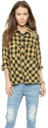 Free People Gauzy Plaid Lace Up Button Down Top