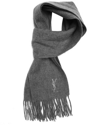 Saint Laurent light grey wool fringed scarf