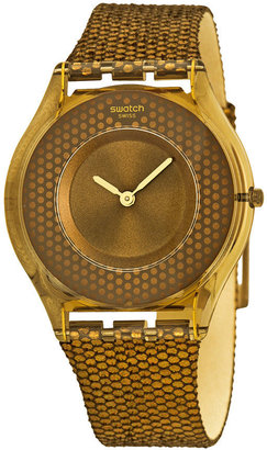 Swatch Hexed Bronze Dial Brown Dot Leather Ladies Watch SFC105