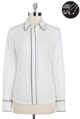 Lord & Taylor White Piped Button-Up Shirt