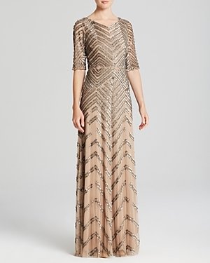 Adrianna Papell Elbow Sleeve Chevron Sequin Illusion Gown - Bloomingdale's Exclusive