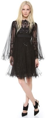 Marchesa Embroidered Dress with Pleated Tulle