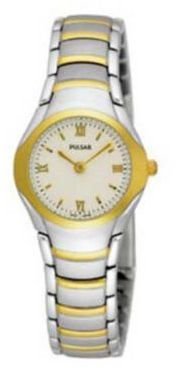 Pulsar Ladies round white dial with two tone bracelet watch